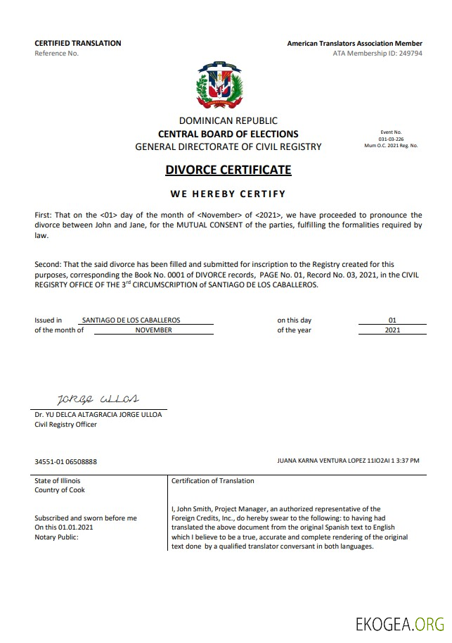 Modèle d'acte de divorce en République Dominicaine au format Word